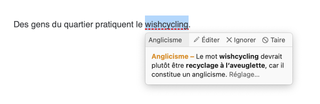 Équivalence suggérée dans l’infobulle du correcteur