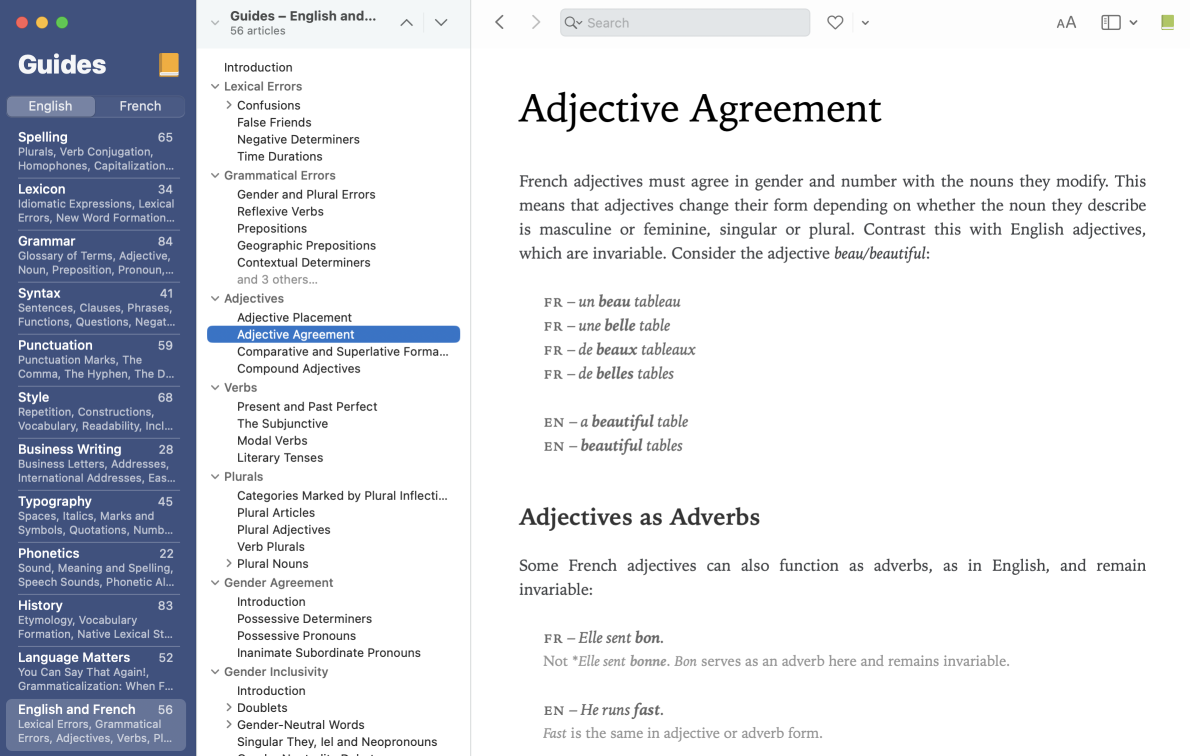 The bilingual language guides help you better understand the ways English and French differ linguistically.