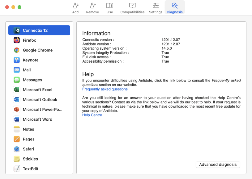 Diagnosis Tab on Mac